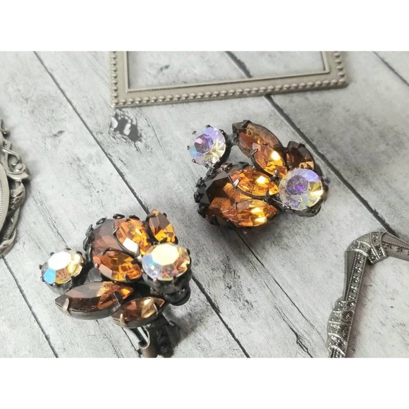 Vintage Original by Robert Earrings - Japanned Rhinestone Clip on Earrings - Picture 2 of 6